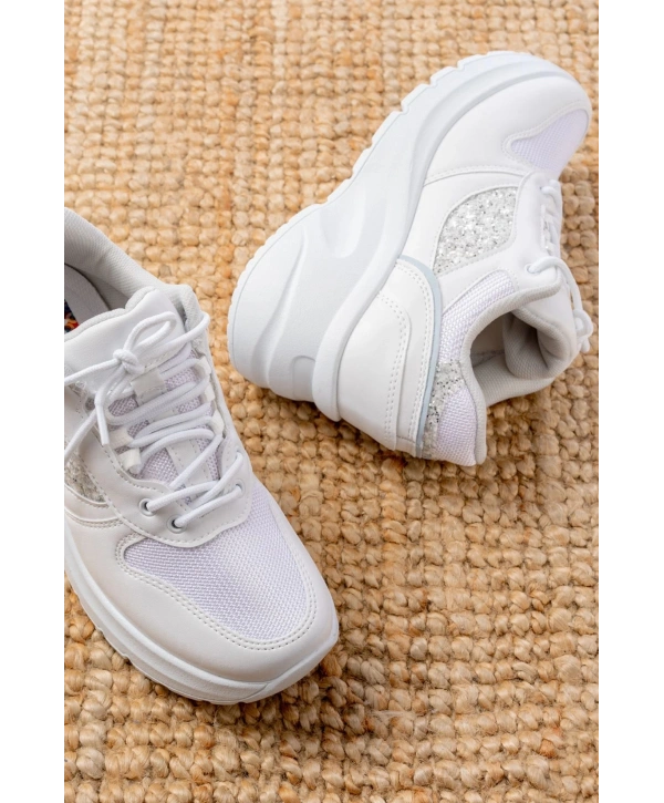 F-185 Beyaz Günlük Bağcıklı Taş Aksesuarlı Yazlık Spor Ayakkabı