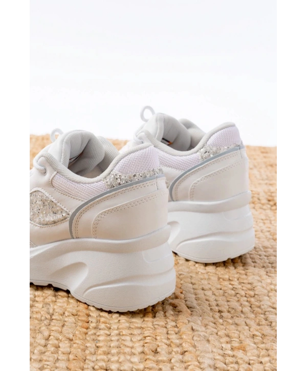 F-185 Beyaz Günlük Bağcıklı Taş Aksesuarlı Yazlık Spor Ayakkabı
