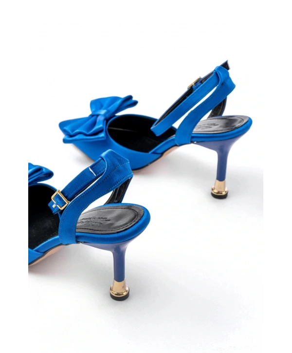 İNF-4505 Mavi Saten Günlük Arkası Açık Kurdele detaylı Topuklu Bayan Ayakkabı