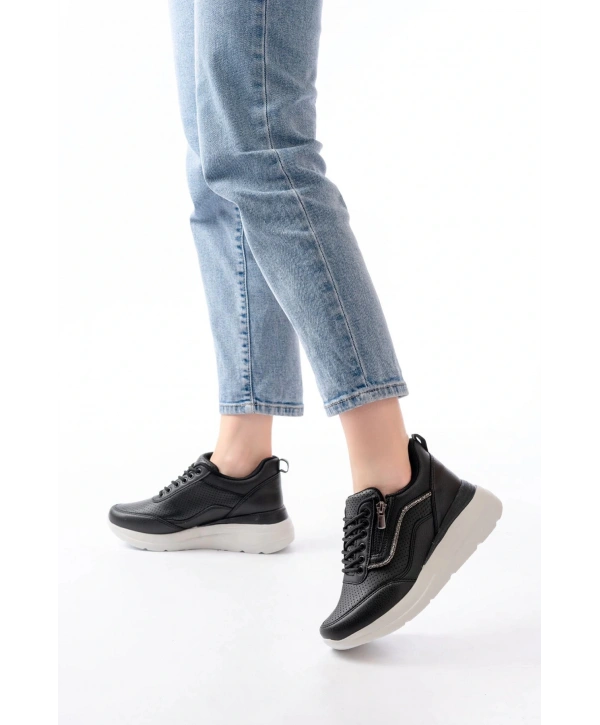 F-207 Siyah Bağcıklı Fermuarlı Taş Aksesuarlı Mevsimlik Spor Ayakkabı