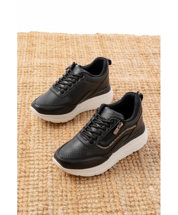 F-207 Siyah Bağcıklı Fermuarlı Taş Aksesuarlı Mevsimlik Spor Ayakkabı