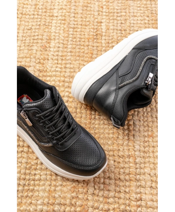 F-207 Siyah Bağcıklı Fermuarlı Taş Aksesuarlı Mevsimlik Spor Ayakkabı