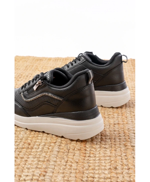 F-207 Siyah Bağcıklı Fermuarlı Taş Aksesuarlı Mevsimlik Spor Ayakkabı