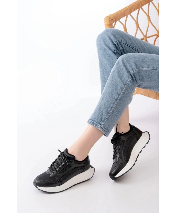 F-307 Siyah Bağcıklı Saten Taş Aksesuarlı Günlük Spor Ayakkabı