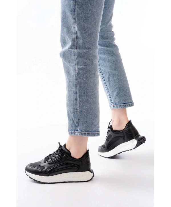 F-307 Siyah Bağcıklı Saten Taş Aksesuarlı Günlük Spor Ayakkabı