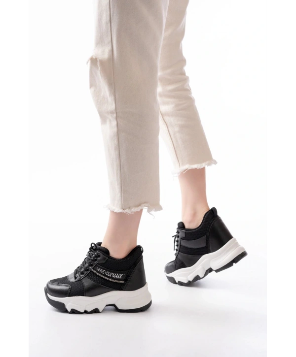 F-209 Siyah Bağcıklı Fileli Taş Aksesuarlı Günlük Spor Ayakkabı