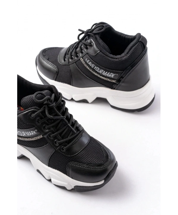 F-209 Siyah Bağcıklı Fileli Taş Aksesuarlı Günlük Spor Ayakkabı