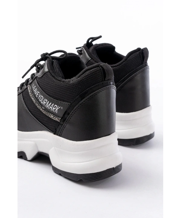 F-209 Siyah Bağcıklı Fileli Taş Aksesuarlı Günlük Spor Ayakkabı