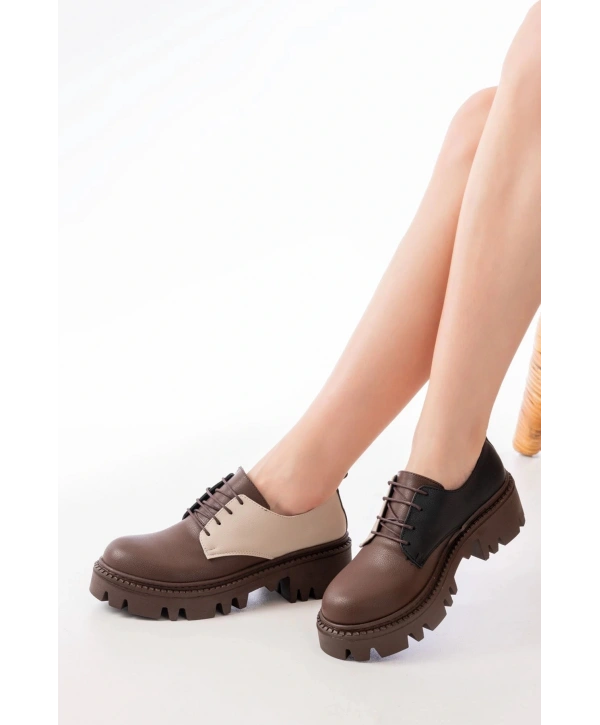 868-754 Kahverengi Garni Bağcıklı Günlük Yüksek Tabanlı Loafer Ayakkabı