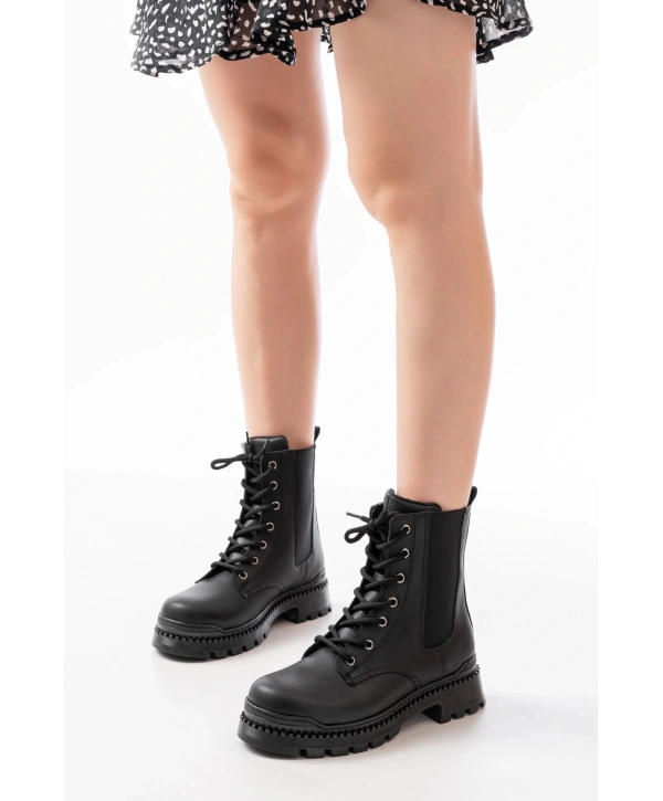 2051-298 Siyah Luna Düz Topuklu Bağcıklı Lastikli Günlük Kadın Bot