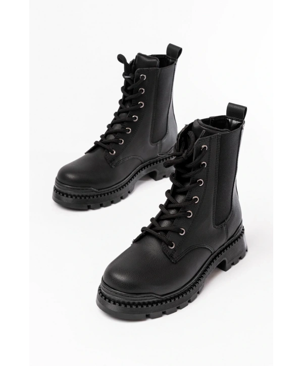 2051-298 Siyah Luna Düz Topuklu Bağcıklı Lastikli Günlük Kadın Bot