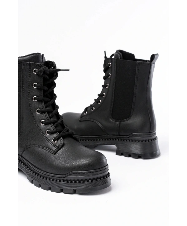 2051-298 Siyah Luna Düz Topuklu Bağcıklı Lastikli Günlük Kadın Bot