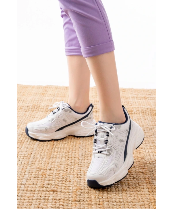 F-329 Beyaz Günlük Bağcıklı Lacivert Desenli Yazlık Spor Ayakkabı