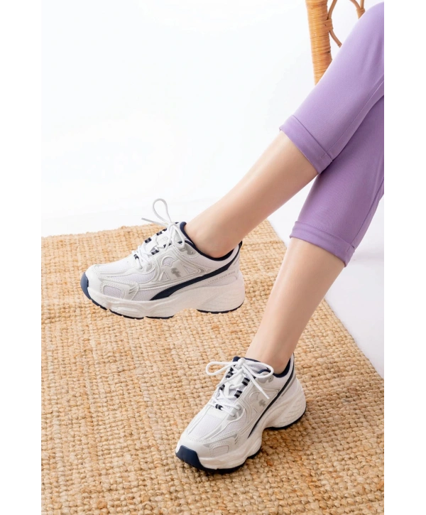 F-329 Beyaz Günlük Bağcıklı Lacivert Desenli Yazlık Spor Ayakkabı