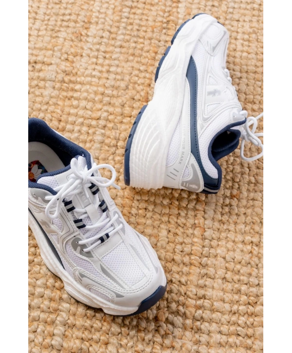 F-329 Beyaz Günlük Bağcıklı Lacivert Desenli Yazlık Spor Ayakkabı