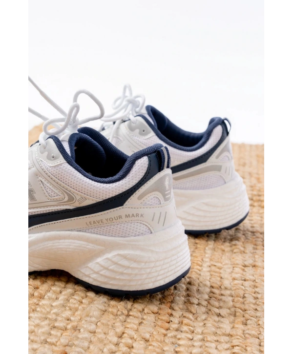 F-329 Beyaz Günlük Bağcıklı Lacivert Desenli Yazlık Spor Ayakkabı