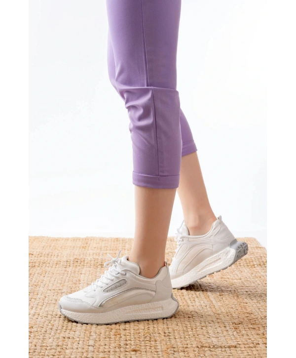 F-307 Beyaz Bağcıklı Saten Taş Aksesuarlı Günlük Spor Ayakkabı