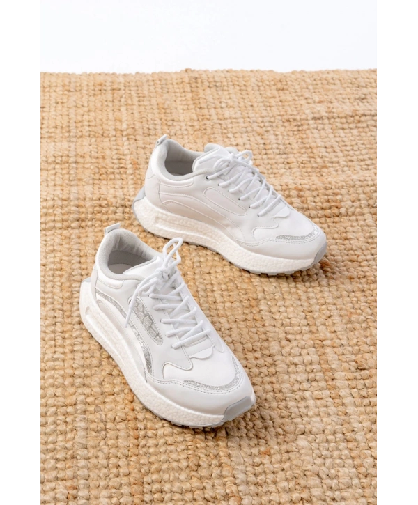 F-307 Beyaz Bağcıklı Saten Taş Aksesuarlı Günlük Spor Ayakkabı