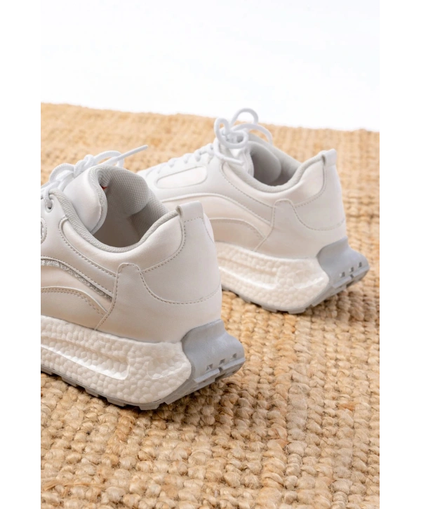 F-307 Beyaz Bağcıklı Saten Taş Aksesuarlı Günlük Spor Ayakkabı