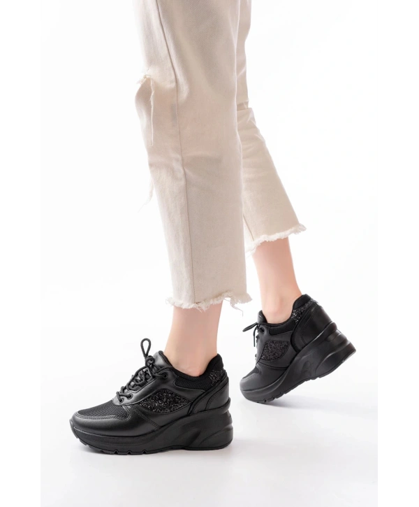 F-185 Siyah Günlük Bağcıklı Taş Aksesuarlı Yazlık Spor Ayakkabı