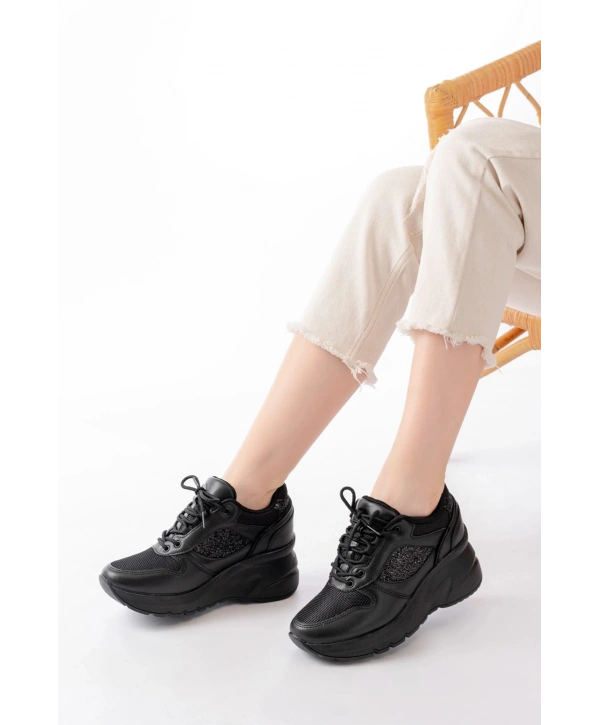 F-185 Siyah Günlük Bağcıklı Taş Aksesuarlı Yazlık Spor Ayakkabı