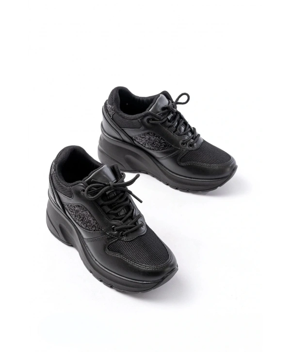 F-185 Siyah Günlük Bağcıklı Taş Aksesuarlı Yazlık Spor Ayakkabı