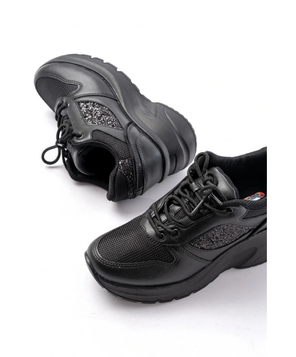 F-185 Siyah Günlük Bağcıklı Taş Aksesuarlı Yazlık Spor Ayakkabı