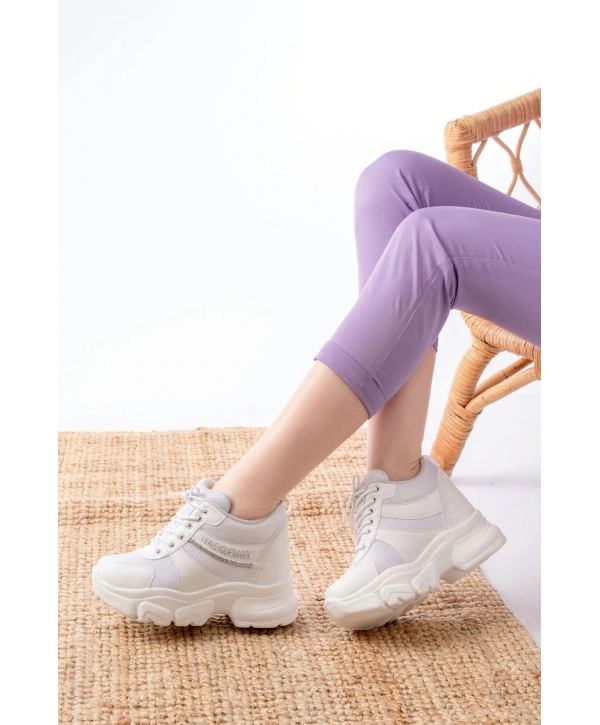 F-209 Beyaz Bağcıklı Fileli Taş Aksesuarlı Günlük Spor Ayakkabı