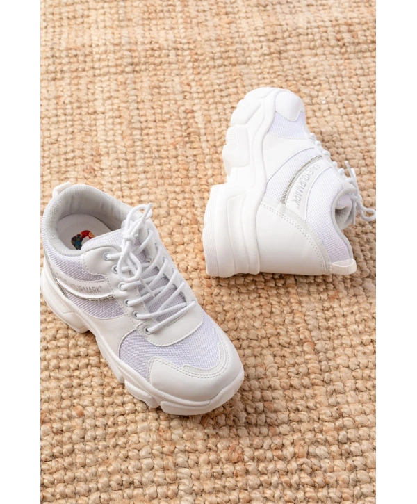 F-209 Beyaz Bağcıklı Fileli Taş Aksesuarlı Günlük Spor Ayakkabı