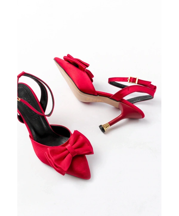 İNF-4505 Bordo Saten Günlük Arkası Açık Kurdele detaylı Topuklu Bayan Ayakkabı