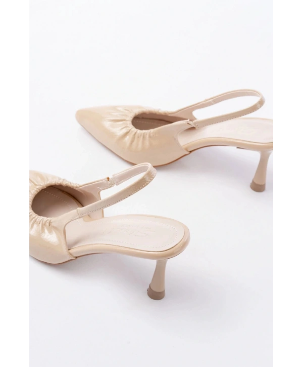 İNF-40451 Bej Kırışık Rugan Günlük Arkası Açık Topuklu Bayan Ayakkabı