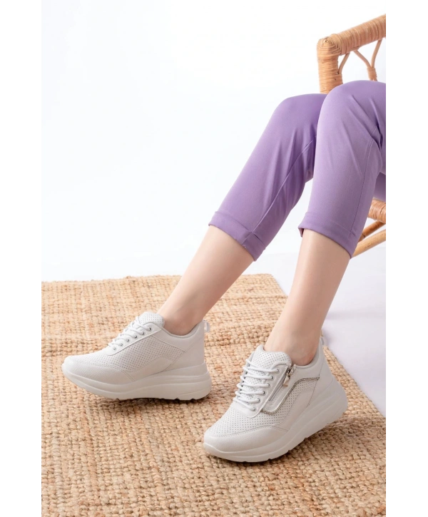 F-207 Beyaz Bağcıklı Fermuarlı Taş Aksesuarlı Mevsimlik Spor Ayakkabı