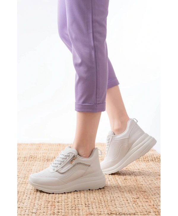 F-207 Beyaz Bağcıklı Fermuarlı Taş Aksesuarlı Mevsimlik Spor Ayakkabı