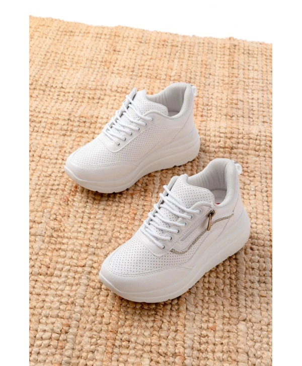 F-207 Beyaz Bağcıklı Fermuarlı Taş Aksesuarlı Mevsimlik Spor Ayakkabı