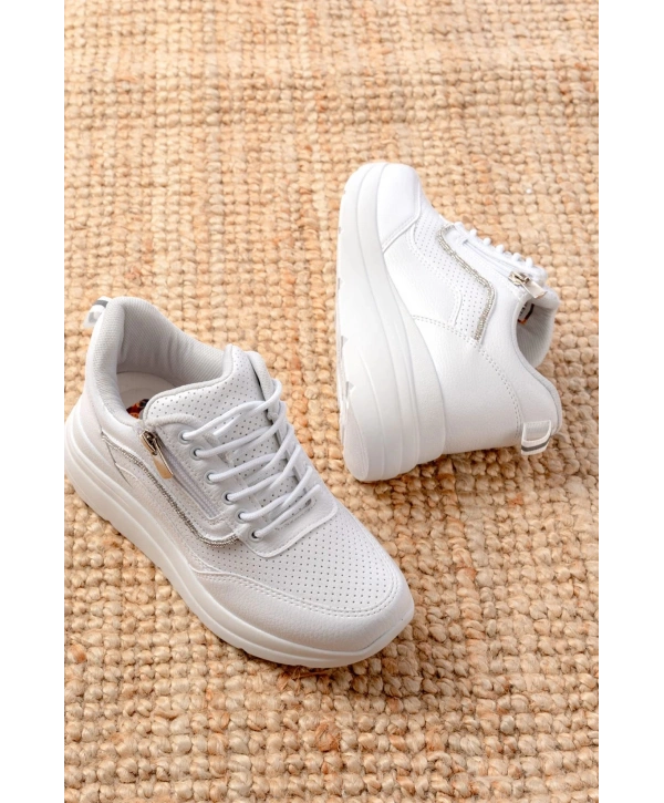 F-207 Beyaz Bağcıklı Fermuarlı Taş Aksesuarlı Mevsimlik Spor Ayakkabı