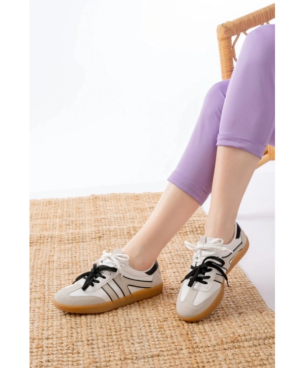 M-6005 Beyaz Garni  Bağcıklı Termo Taban Günlük Kadın Spor