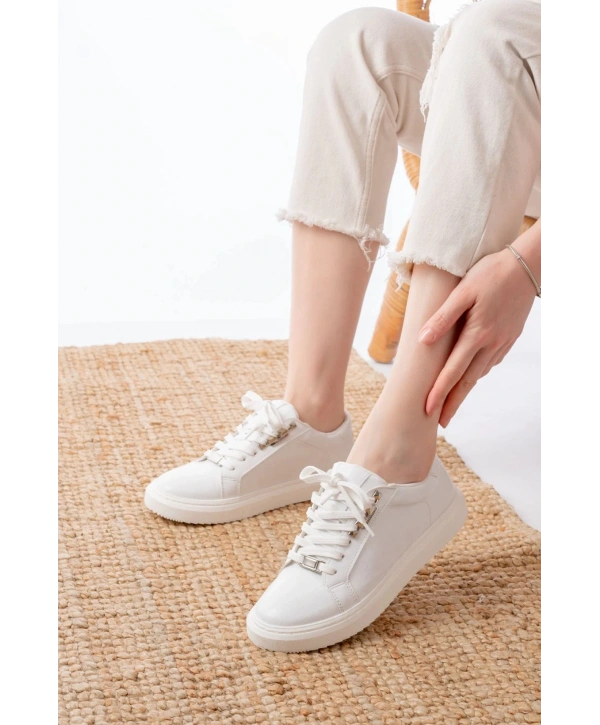 P-910 Beyaz Bağcıklı Taban Dikişli Günlük Kadın Spor