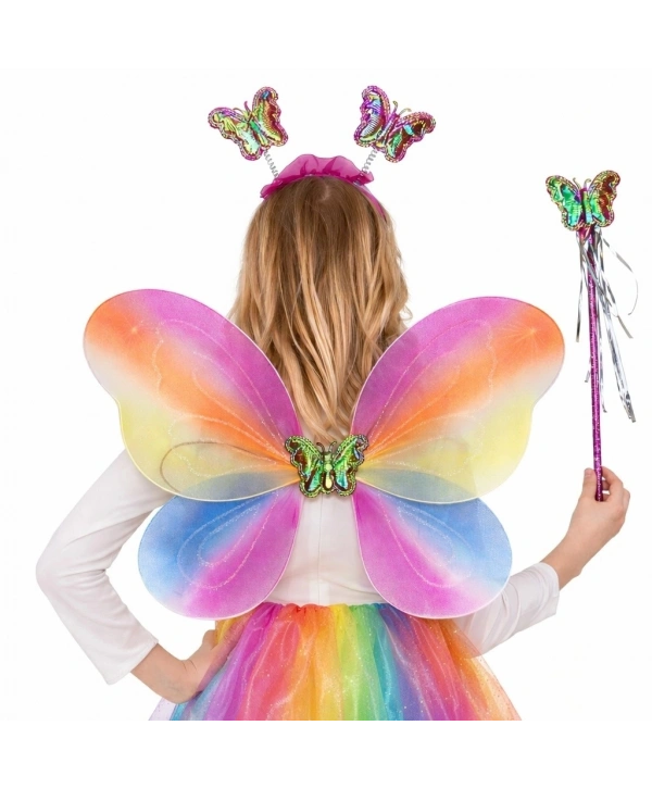 Çocuklar İçin Renkli Kelebek Kanat Taç Asa Kostüm Seti