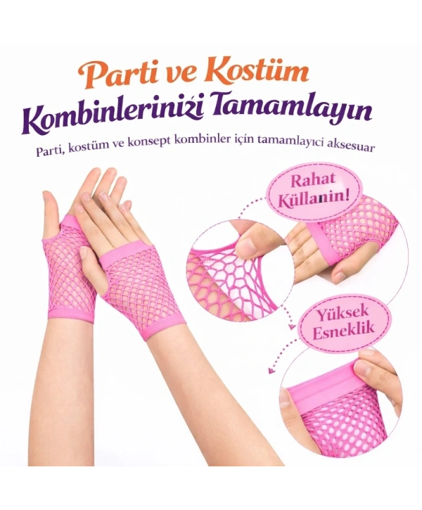 80’ler 90’lar Retro Neon Pembe File Parmaksız Kısa Eldiven 11 Cm