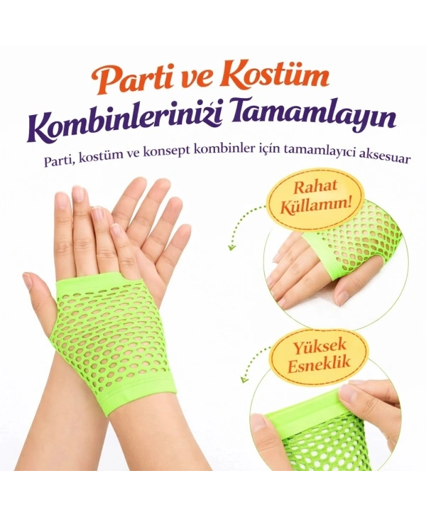 80’ler 90’lar Retro Neon Yeşil File Parmaksız Kısa Eldiven 11 Cm