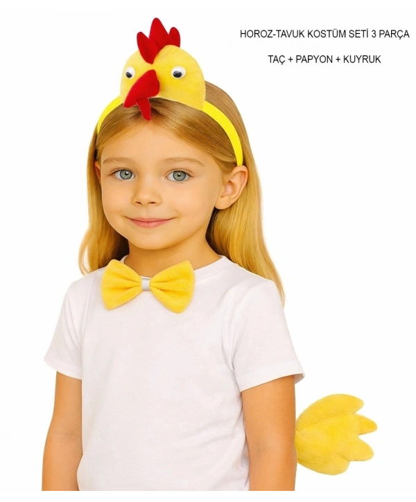 Çocuk Horoz Tavuk Kostüm Seti 3 Parça (taç + Papyon + Kuyruk)