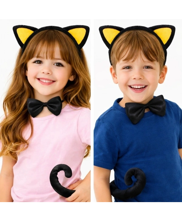 Sarı Kulaklı Kedi Kostüm Seti – Taç Papyon Kuyruk 3 Parça