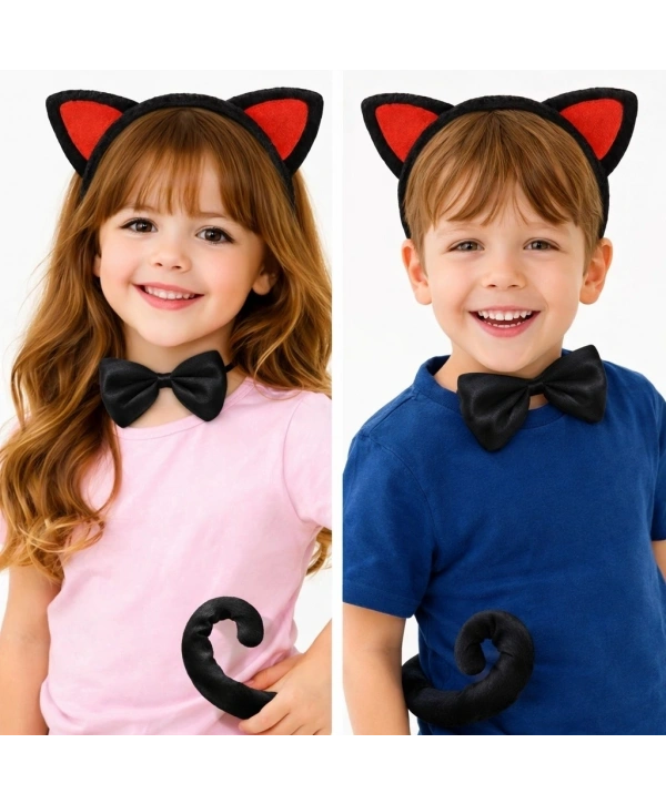 Kırmızı Kulaklı Kedi Kostüm Seti – Taç Papyon Kuyruk 3 Parça