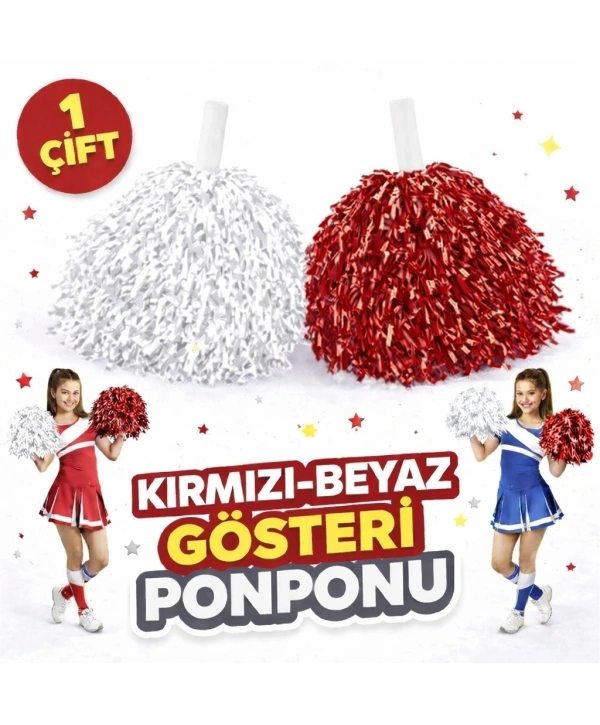 1 Çift ( 2 Adet ) Kırmızı-beyaz Renk 23 Nisan 19 Mayıs 29 Ekim Okul Gösteri Ponponları Ekstra Dolgun