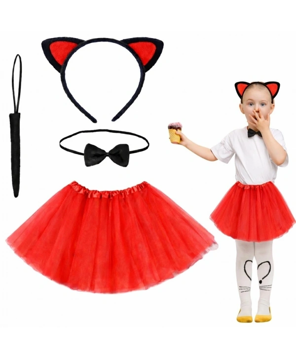Kırmızı Renk Etekli Kedi Kostüm Seti (tütü, Taç, Papyon, Kuyruk)