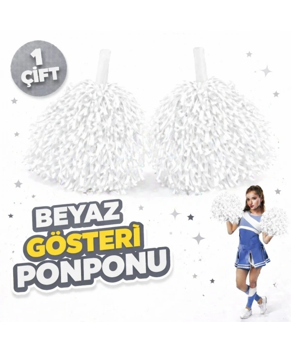 1 Çift ( 2 Adet ) Beyaz Renk 23 Nisan 19 Mayıs 29 Ekim Okul Gösteri Ponponları Ekstra Dolgun