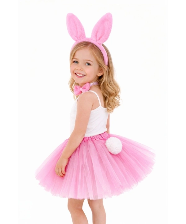 Kız Çocuk Tamamen Pembe Tavşan Kulaklı Kostüm Seti – Tütü Etekli 4 Parça