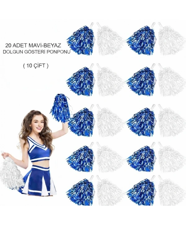 Mavi Beyaz Metalik Dolgun Gösteri Ponponu 20 Adet (10 Çift)