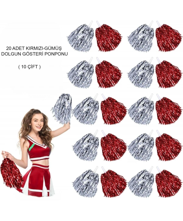 Kırmızı Gümüş Metalik Dolgun Gösteri Ponponu 20 Adet (10 Çift)