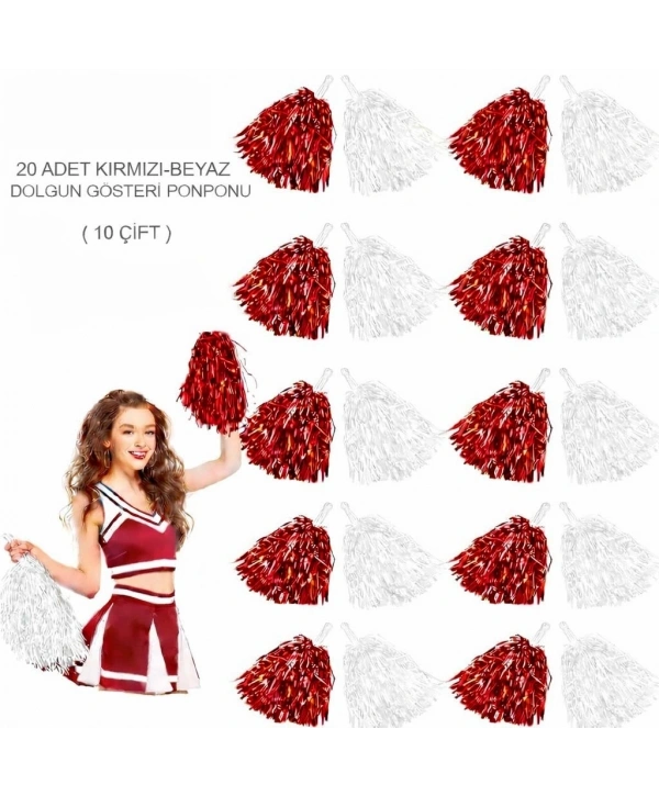 Kırmızı Beyaz Metalik Dolgun Gösteri Ponponu 20 Adet (10 Çift)